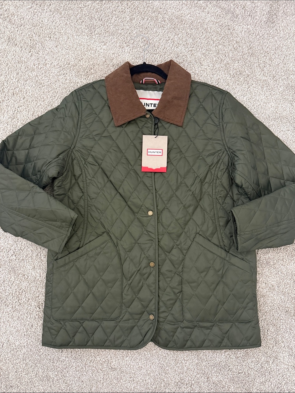 Hunter Quilted Olive Green Rachel jacket with Brown Corduroy Collar